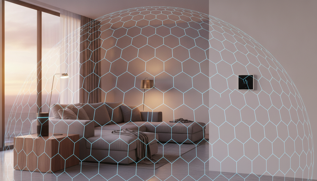 A modern smart home living room with a digital shield overlay, illustrating how to secure smart home devices from hackers.