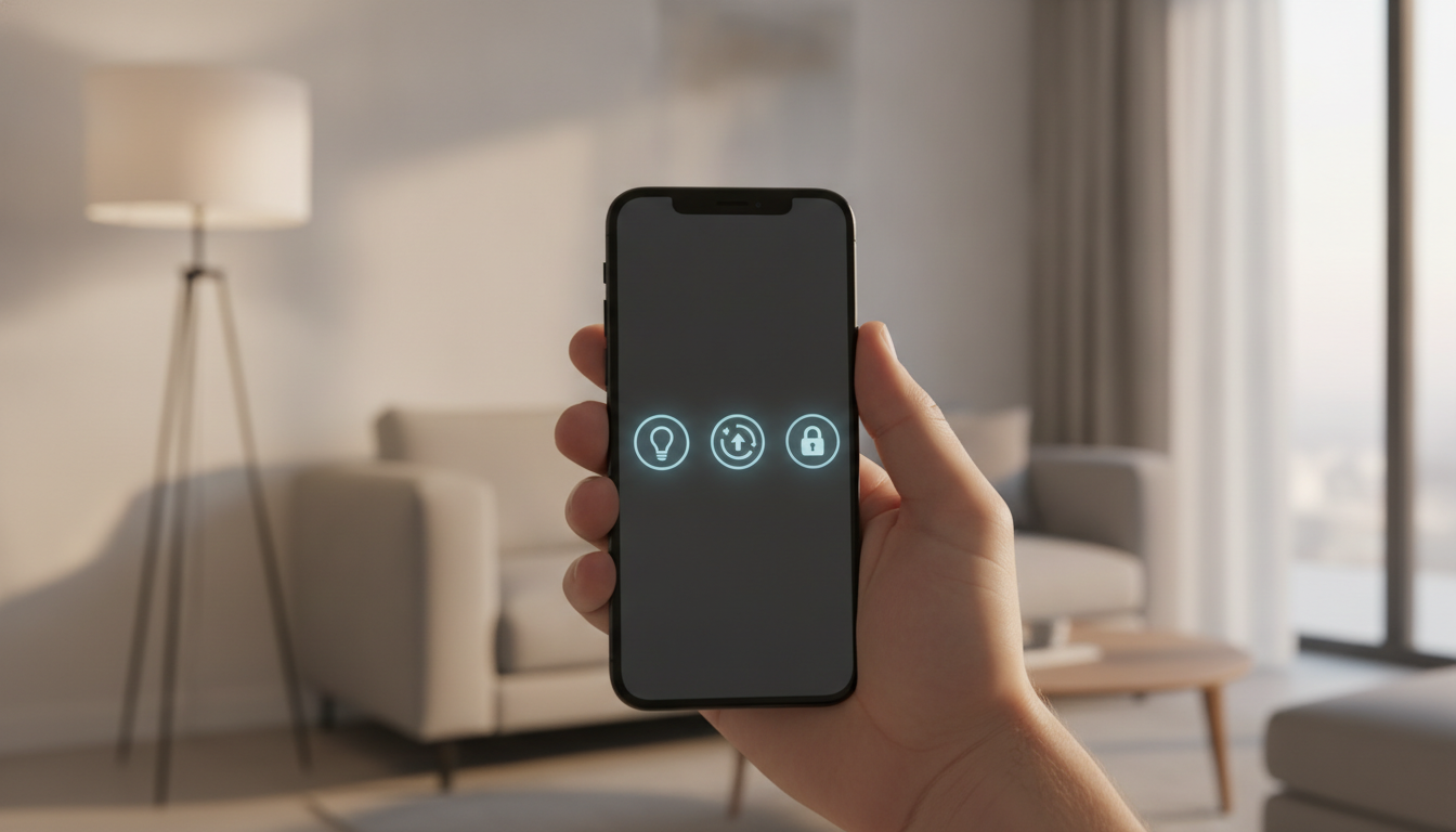 A person's hand holding a smartphone with a smart home control app, demonstrating how to set up a smart home with various connected devices in the background.
