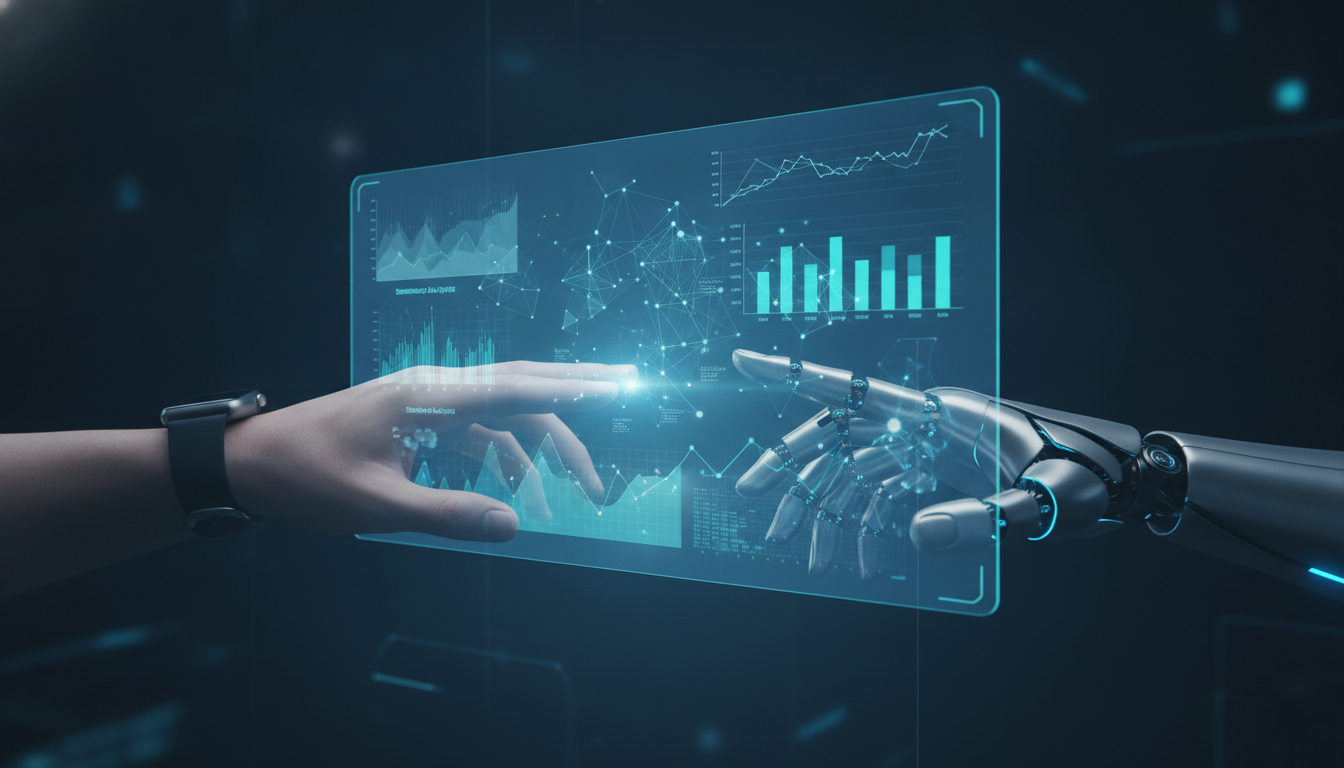 A human hand and a robotic hand working together on a holographic display of market research data, illustrating how to use AI for market research.
