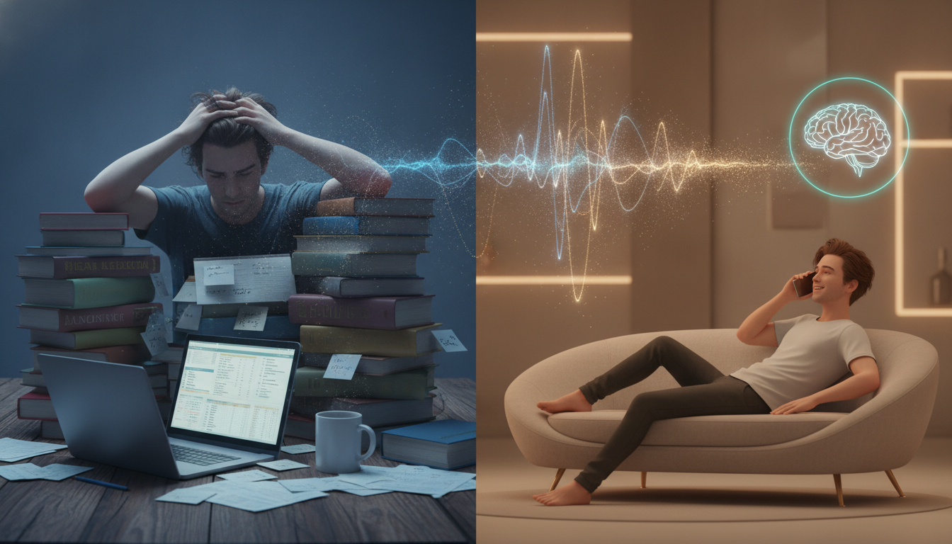 A split image contrasting traditional language learning with books and AI language learning with a smartphone, showing how to use AI to learn a language.