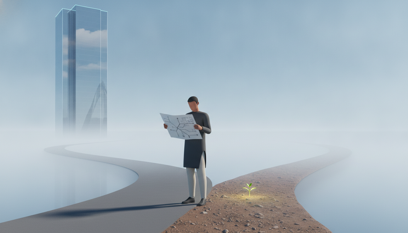 A person at a crossroads, choosing between a safe job and an uncertain startup path, illustrating how to validate a startup idea.