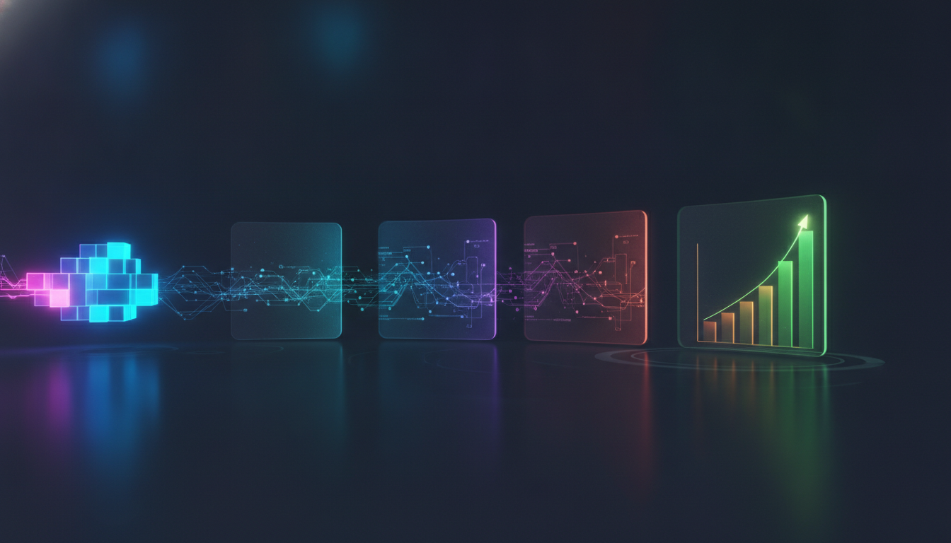 An illustration of the ideal pitch deck structure, showing a series of glowing slides arranged in a logical arc, representing a guide on how to write a pitch deck for investors.