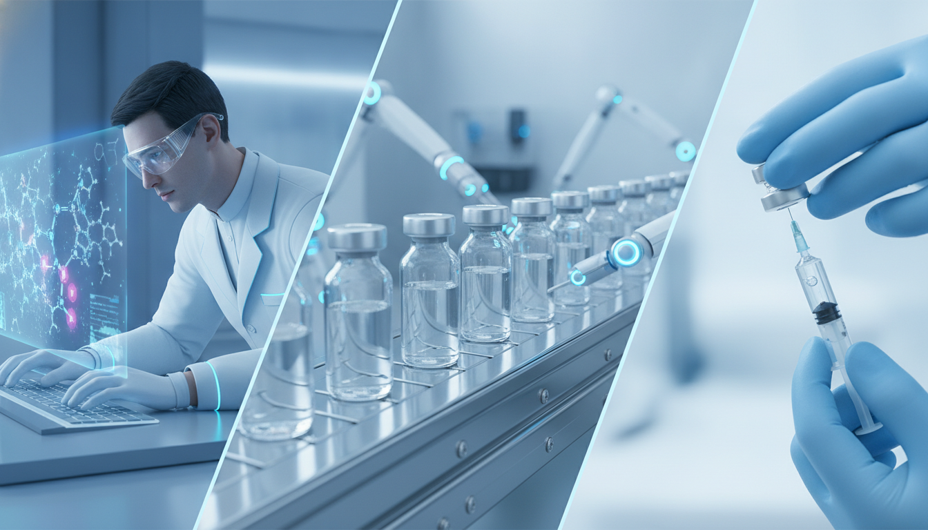 A visual representation of how vaccines are made, showing scientific research, manufacturing, and clinical application stages.