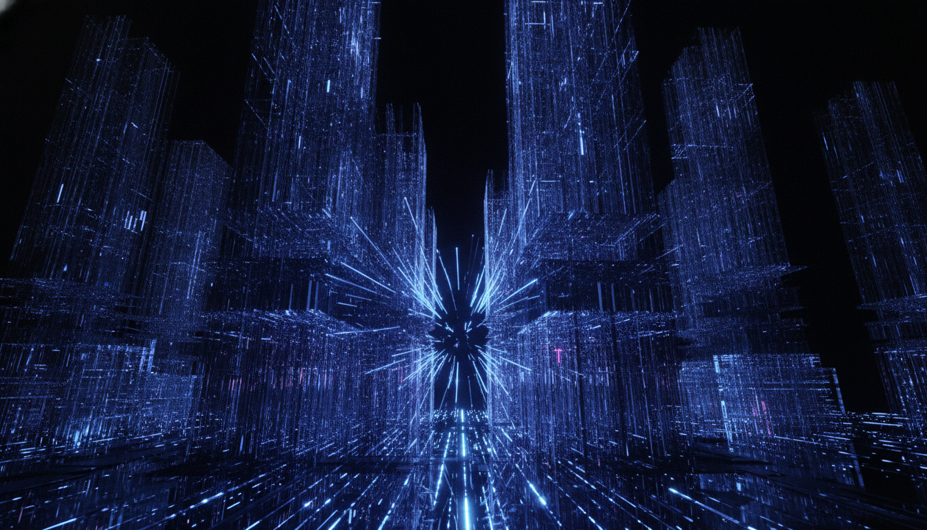 A 3D rendering of IBM's new sub-1-nanometer chip technology, showing the vertical 'nanostack' architecture with glowing circuits.