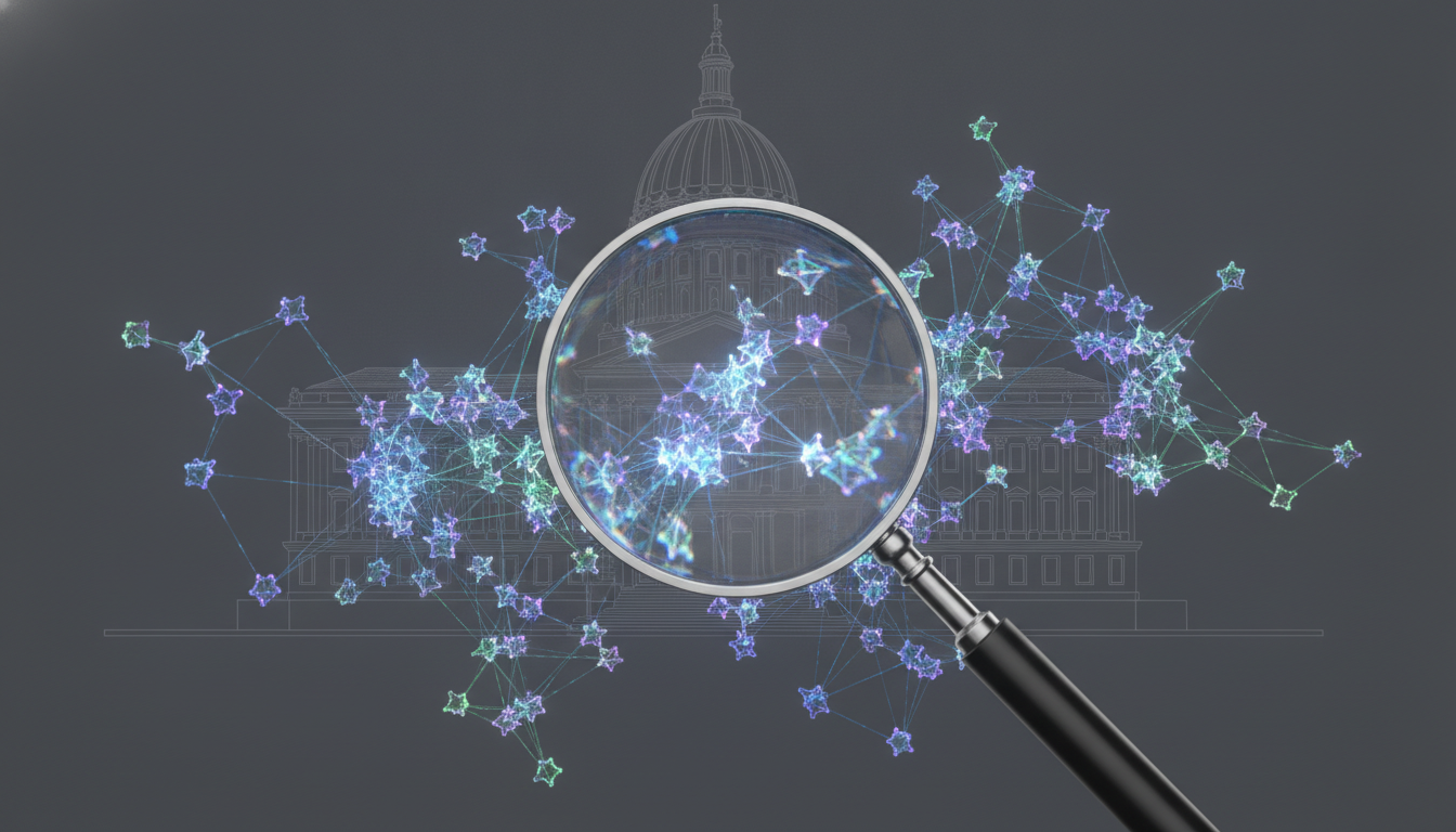An abstract image representing the Illinois AI safety law, showing a complex neural network being inspected under a magnifying glass, symbolizing the new audit requirement.