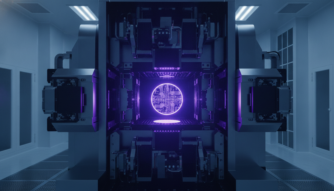 A massive High NA EUV lithography machine from ASML etching a silicon wafer with purple light in a cleanroom, representing Intel's advanced chip manufacturing.