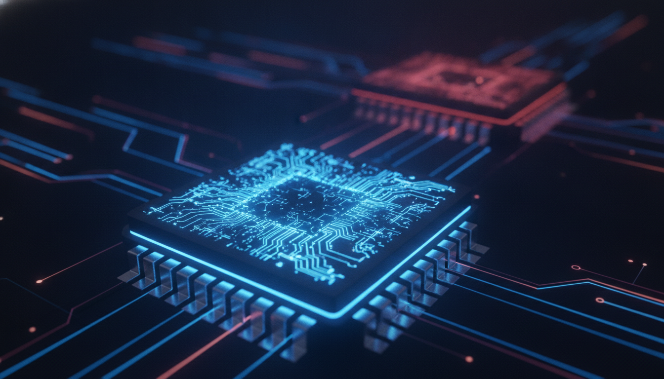 An illustration of the next-generation Intel Nova Lake CPU, a complex and glowing microprocessor chip, representing its advanced technology and performance leap.