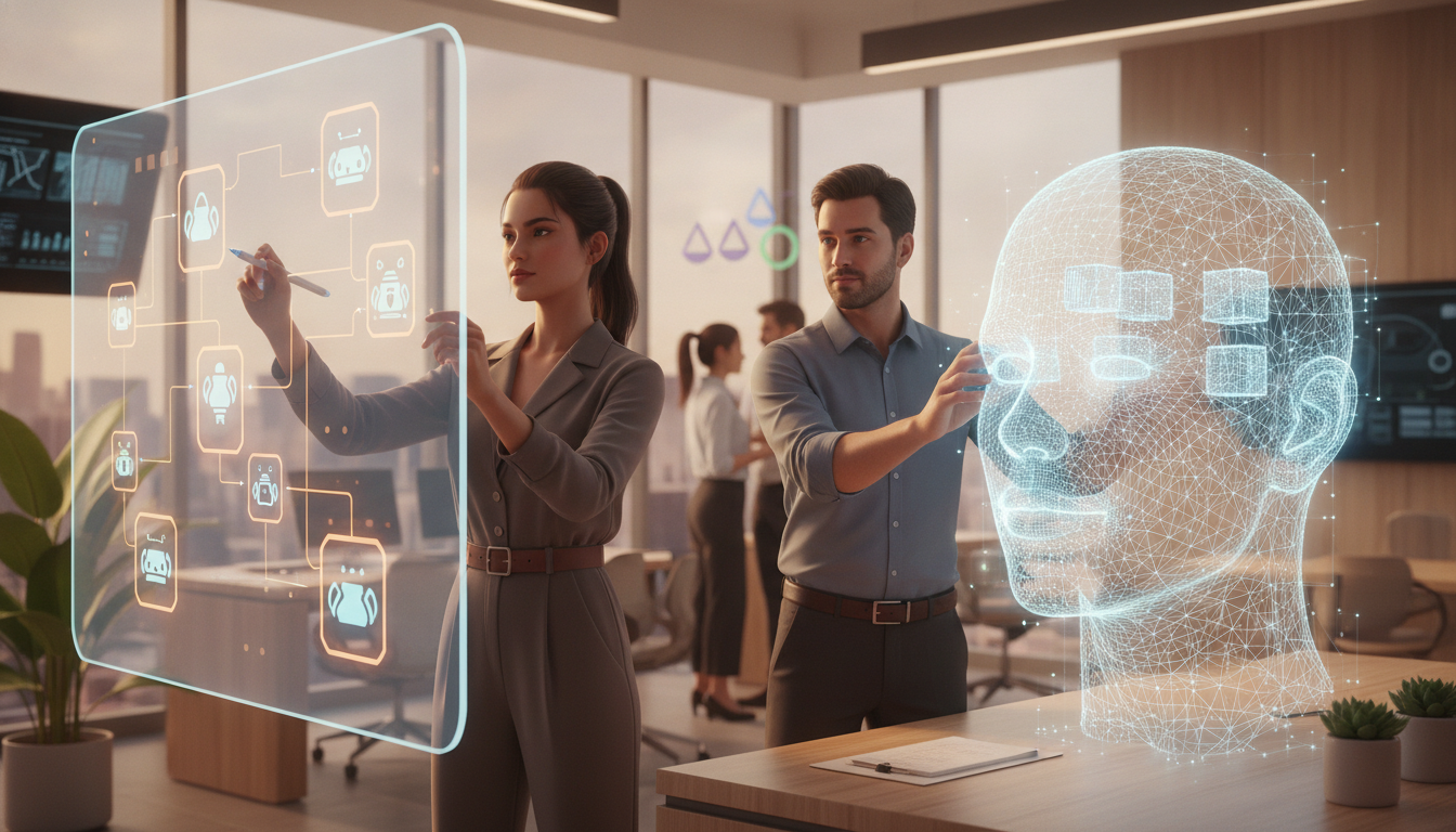 An illustration of the new jobs AI is creating, showing professionals working with data, ethics, and AI workflows in a modern office.