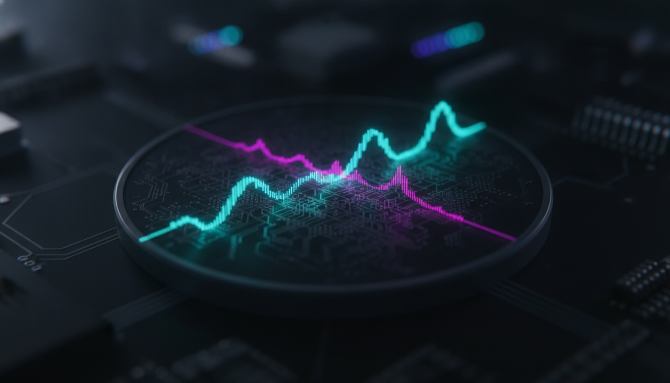 An illustration of a magnon wave carrying quantum information across a coin-sized chip, representing a breakthrough in magnon quantum computing.