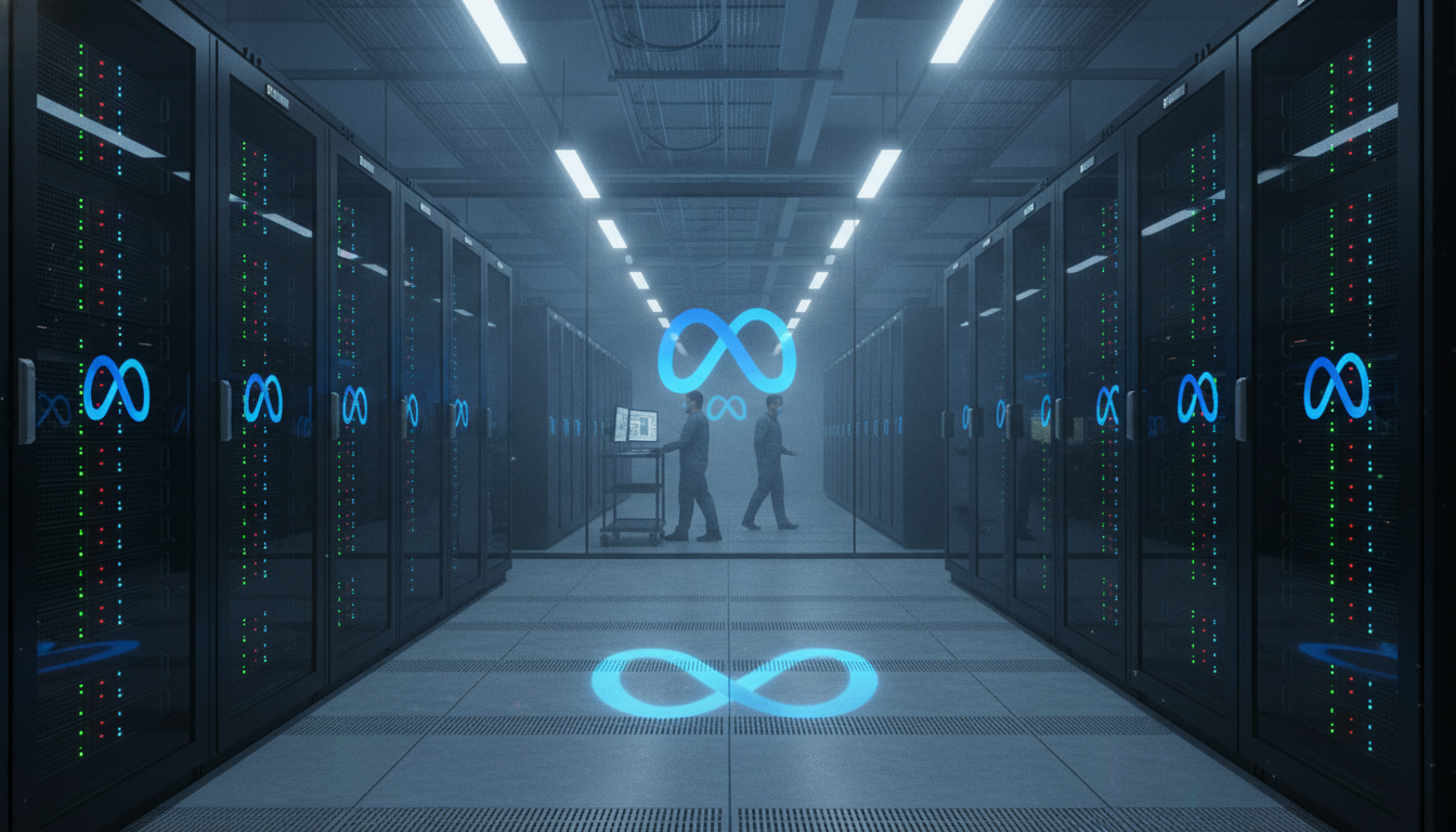 Interior of a massive, futuristic Meta AI data center with endless rows of glowing server racks.