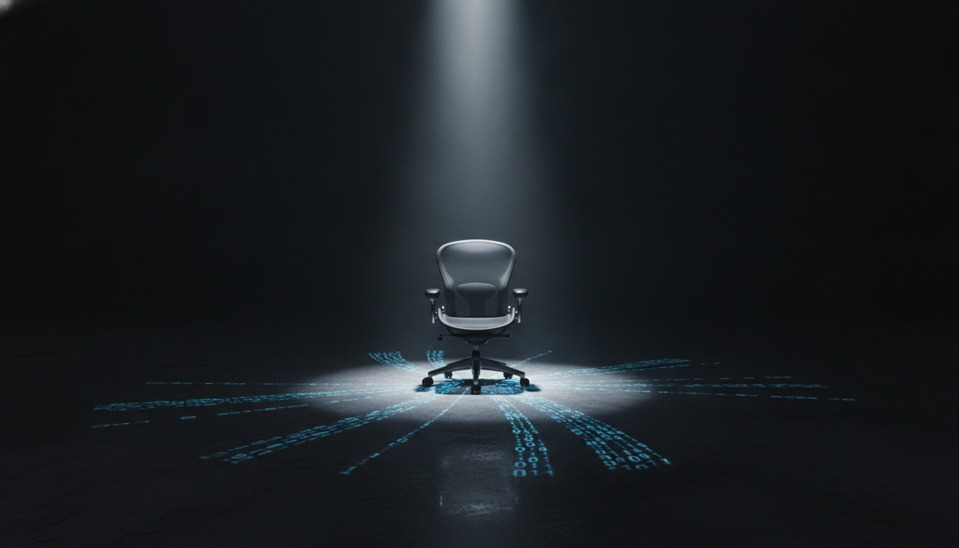 An empty office chair under a spotlight, with computer code projected on the floor, symbolizing the Meta AI layoffs lawsuit and algorithmic decision-making.