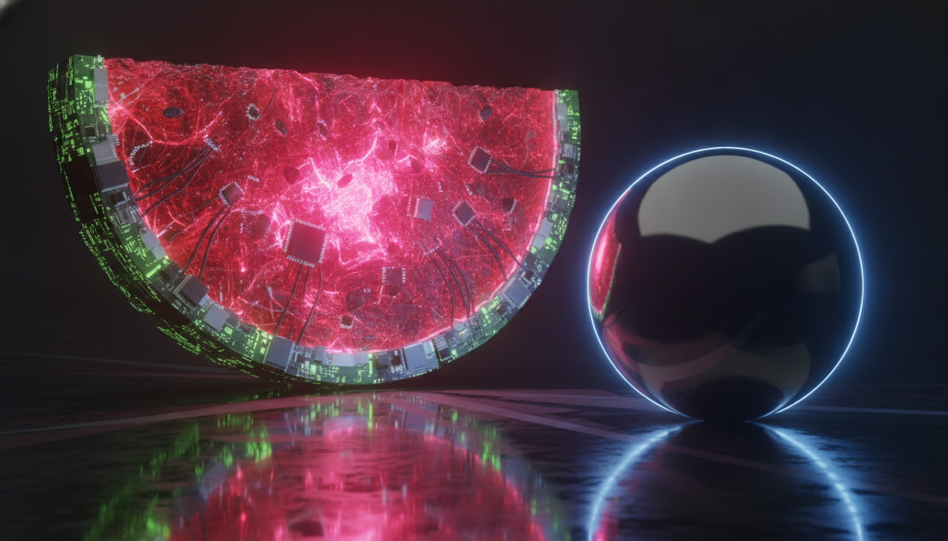 An abstract illustration of the Meta Watermelon AI model, represented by a glowing watermelon slice, confronting a metallic sphere representing OpenAI.