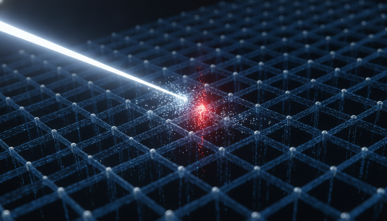 An abstract visualization of an AI bug finder scanning lines of code to identify and repair a critical software vulnerability.