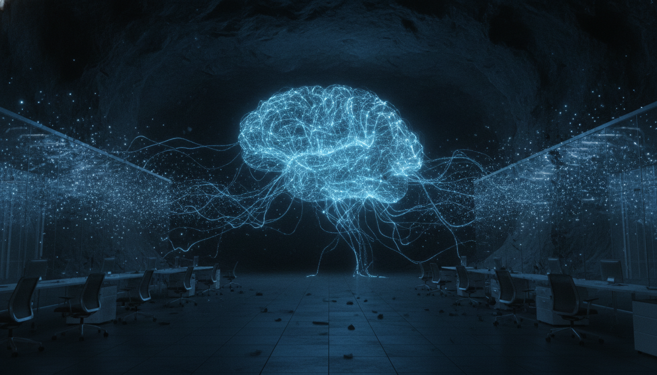 An abstract image representing the Microsoft AI restructuring, with a glowing blue neural network replacing a dissolving corporate office structure.