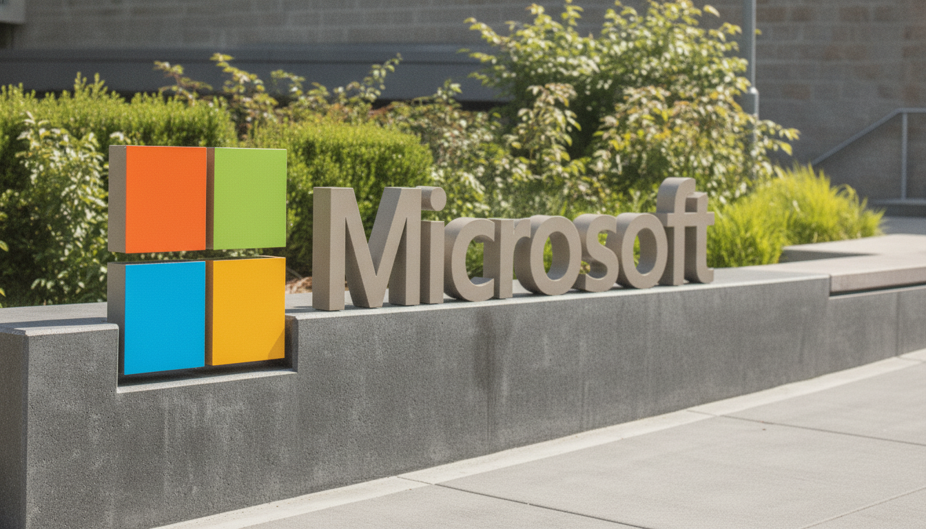 Interior view of Microsoft office with logo on wooden wall in Brussels, Belgium.