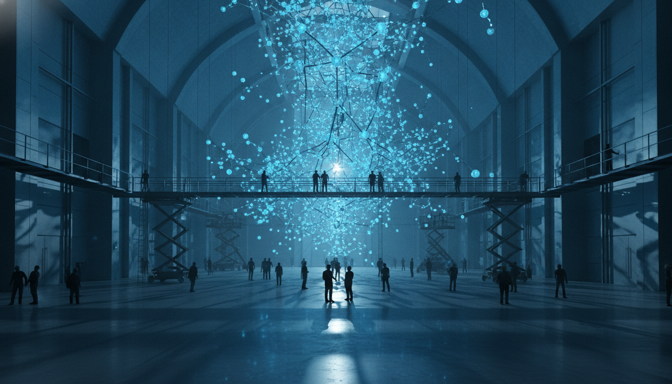 An abstract visualization of engineers constructing a massive digital neural network, representing the Microsoft Frontier Company's enterprise AI initiative.