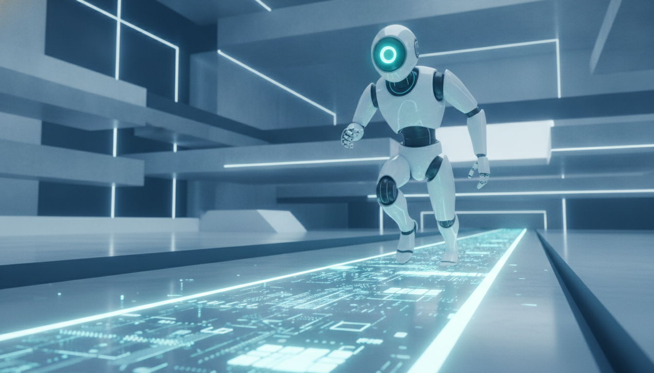 An illustration of a robot with a single camera eye navigating a warehouse, guided by glowing text commands, representing Mistral AI's Robostral Navigate model.