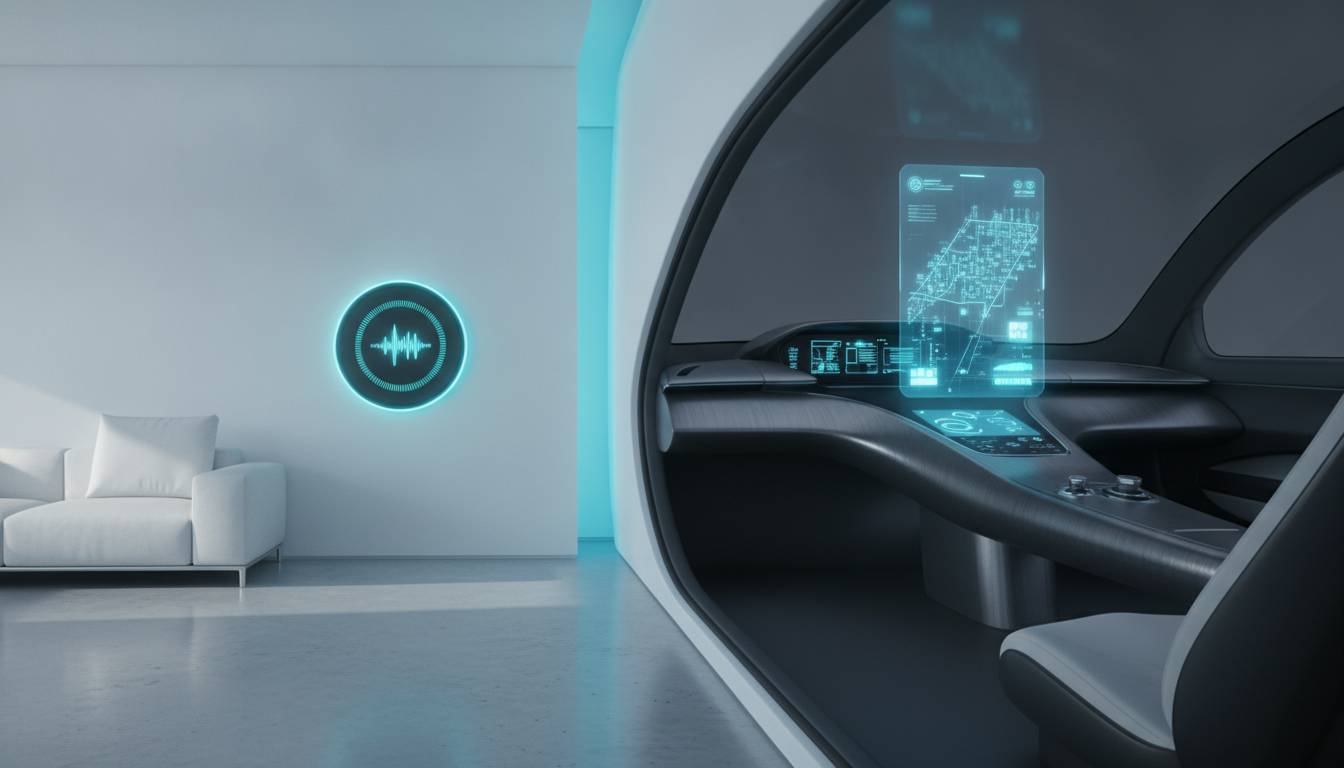 An illustration of the MKDWELL Landvision acquisition, showing a smart home interior merging with a futuristic car dashboard.