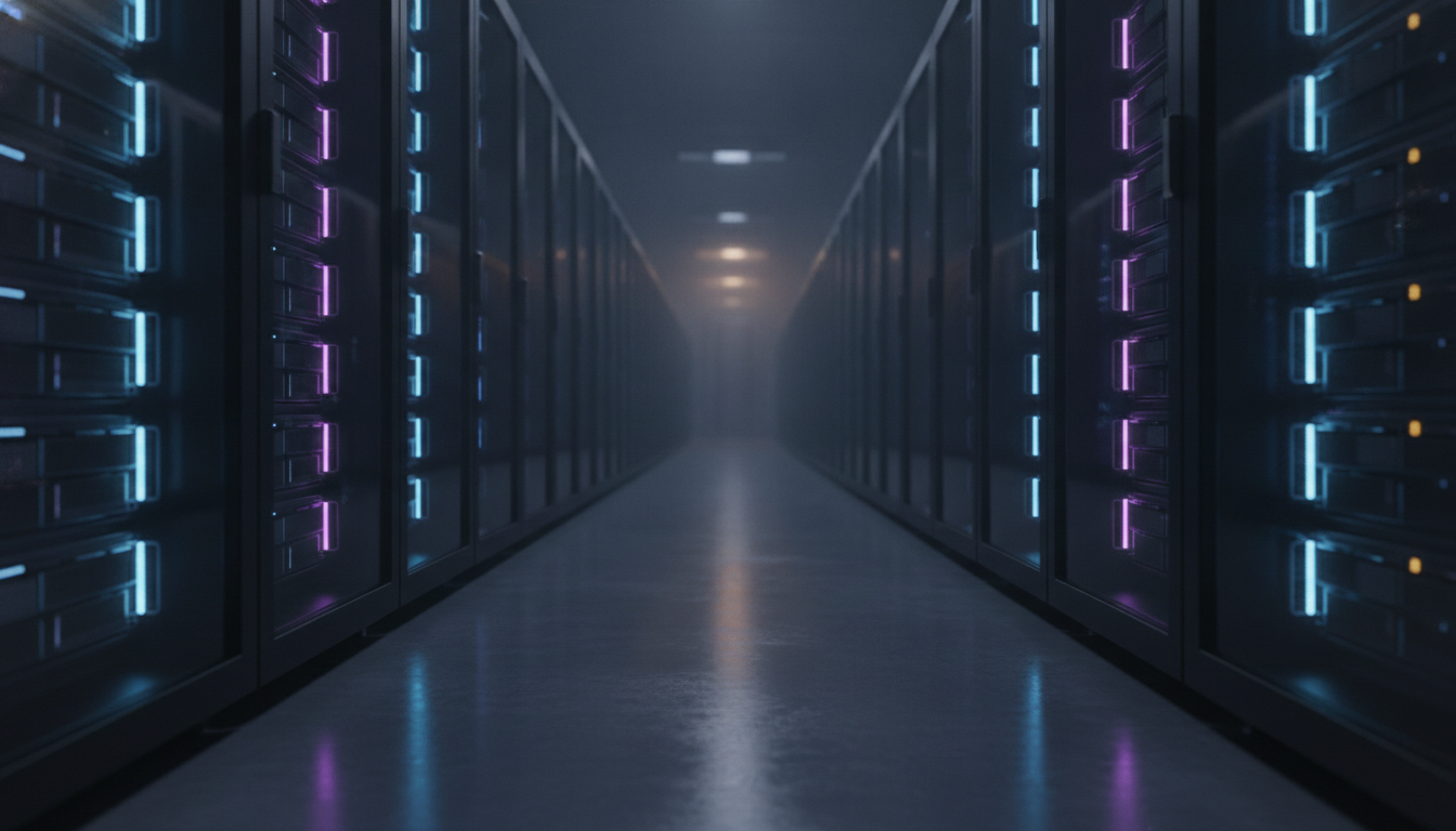Rows of glowing server racks in a vast data center, representing the Nebius financing deal for its AI cloud infrastructure.