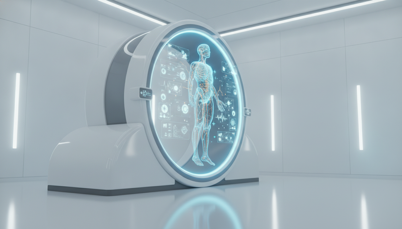 An illustration of the Neko Health AI-powered body scanning pod, showing a holographic human figure being analyzed for preventative healthcare.