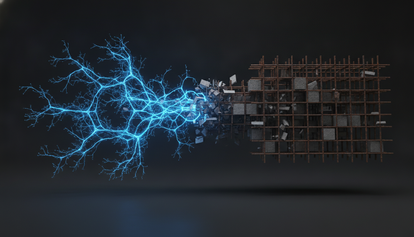 An abstract image representing the Nemetschek HCSS acquisition, showing AI data streams merging with a digital blueprint of a bridge, symbolizing the fusion of technology and construction.