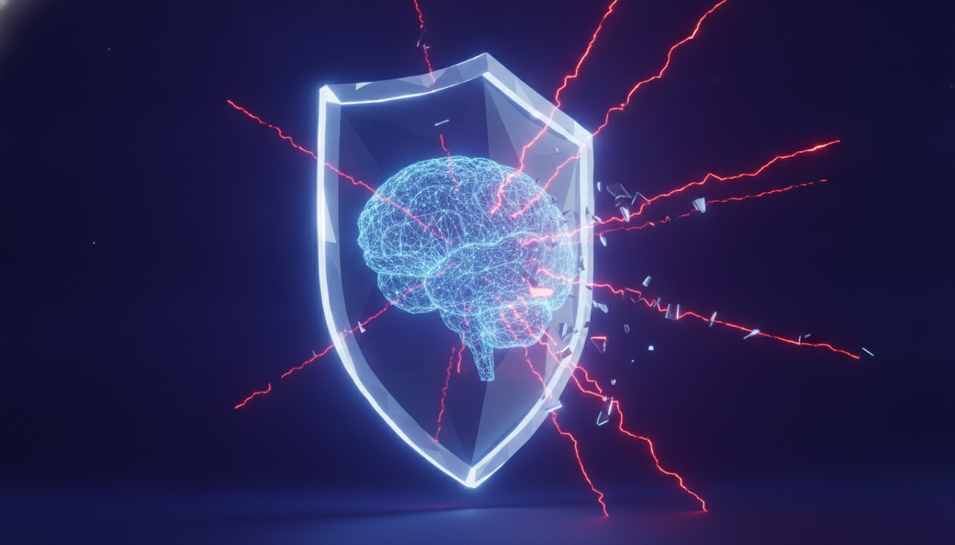 An abstract image representing AI agent governance, showing a glowing blue neural network protected by a security shield from red digital threats.