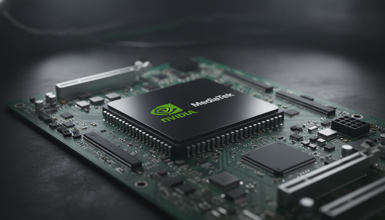 A close-up of the Nvidia MediaTek RTX Spark system-on-a-chip, glowing with internal light, representing the future of AI PCs.