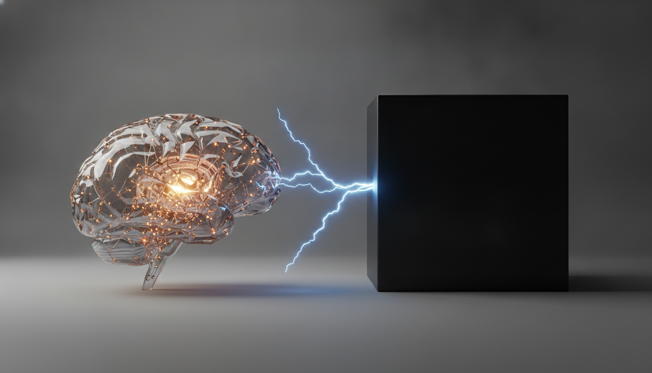 An illustration showing a transparent glass brain and a solid black cube, representing the open vs closed AI models debate.