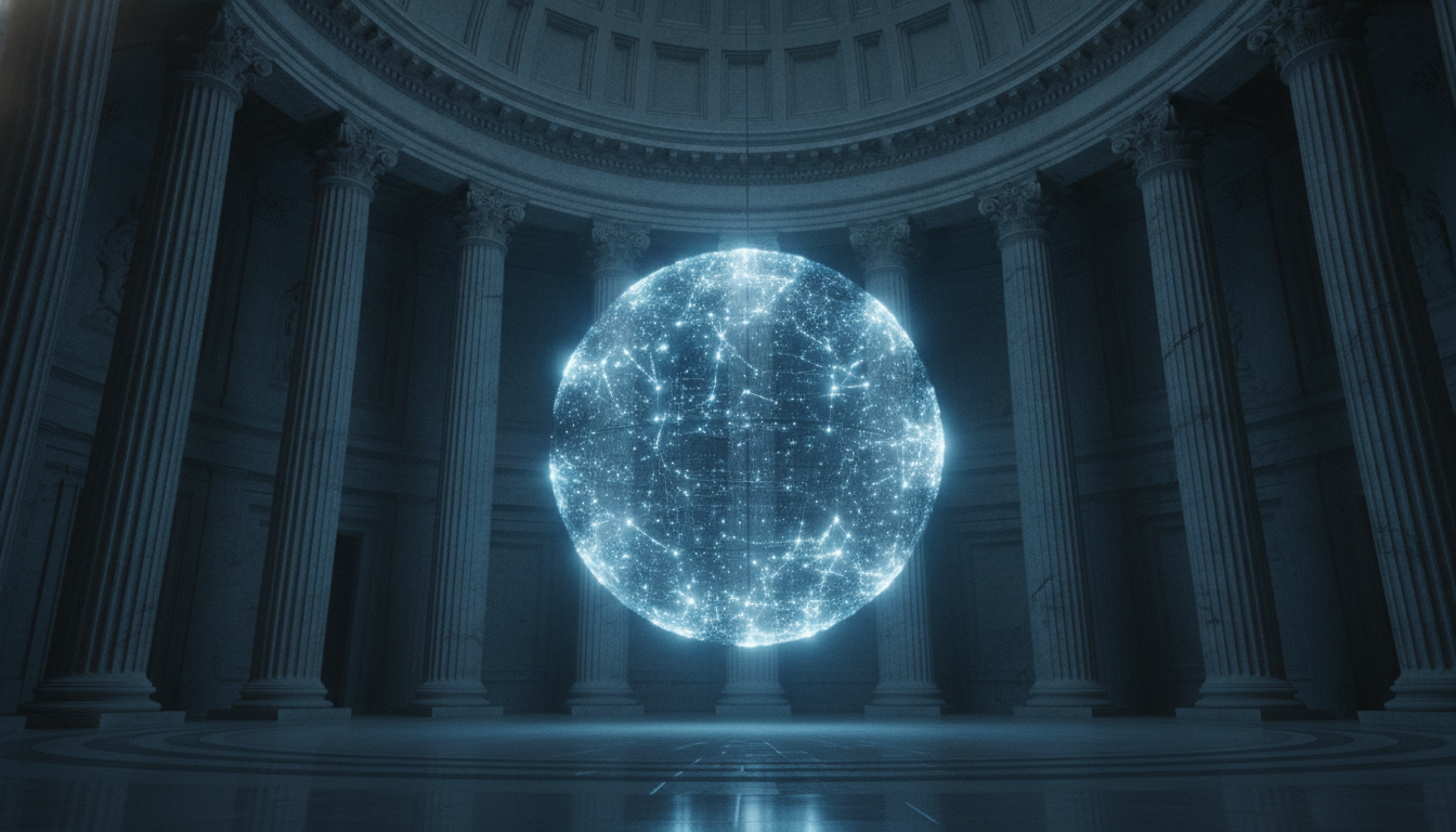 An illustration of the powerful GPT-5.6 model, represented by a glowing neural network, being contained within a government building, symbolizing federal oversight.