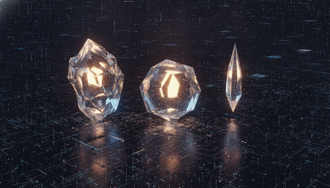 An abstract hero image representing the OpenAI GPT-5.6 model family, with three distinct glowing crystals named Sol, Terra, and Luna.