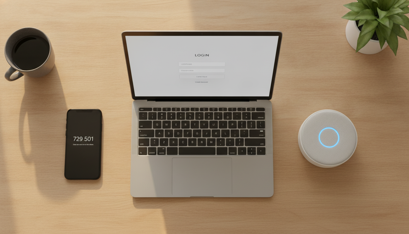 A desk with a laptop, smartphone showing an authentication code, and a smart home hub, representing personal cybersecurity.
