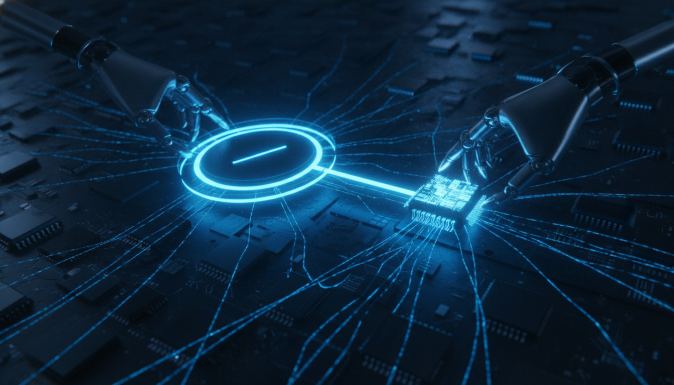 An abstract 3D visualization of Qualcomm acquiring Modular, showing a central processor node connecting to a modular software block that interfaces with diverse hardware, symbolizing the AI software acquisition.