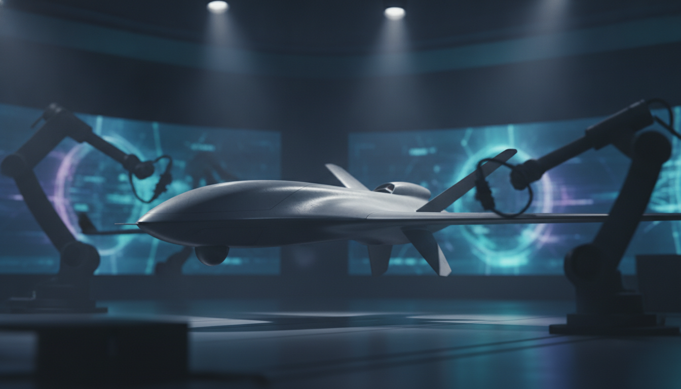 A Quantum Systems autonomous reconnaissance drone in a futuristic manufacturing facility, representing the company's major new funding for AI defense technology.