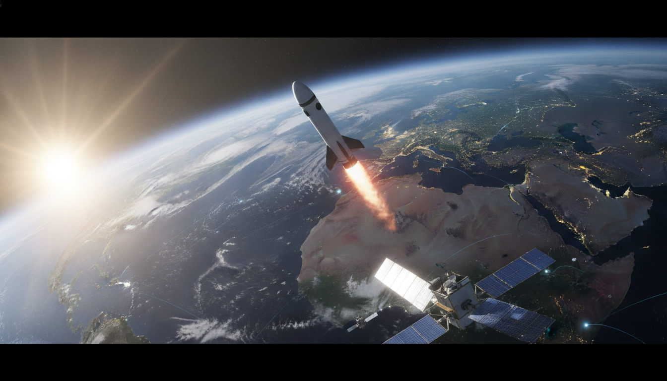 A view of Earth from low orbit with a reusable rocket descending and a constellation of satellites providing data to the planet.