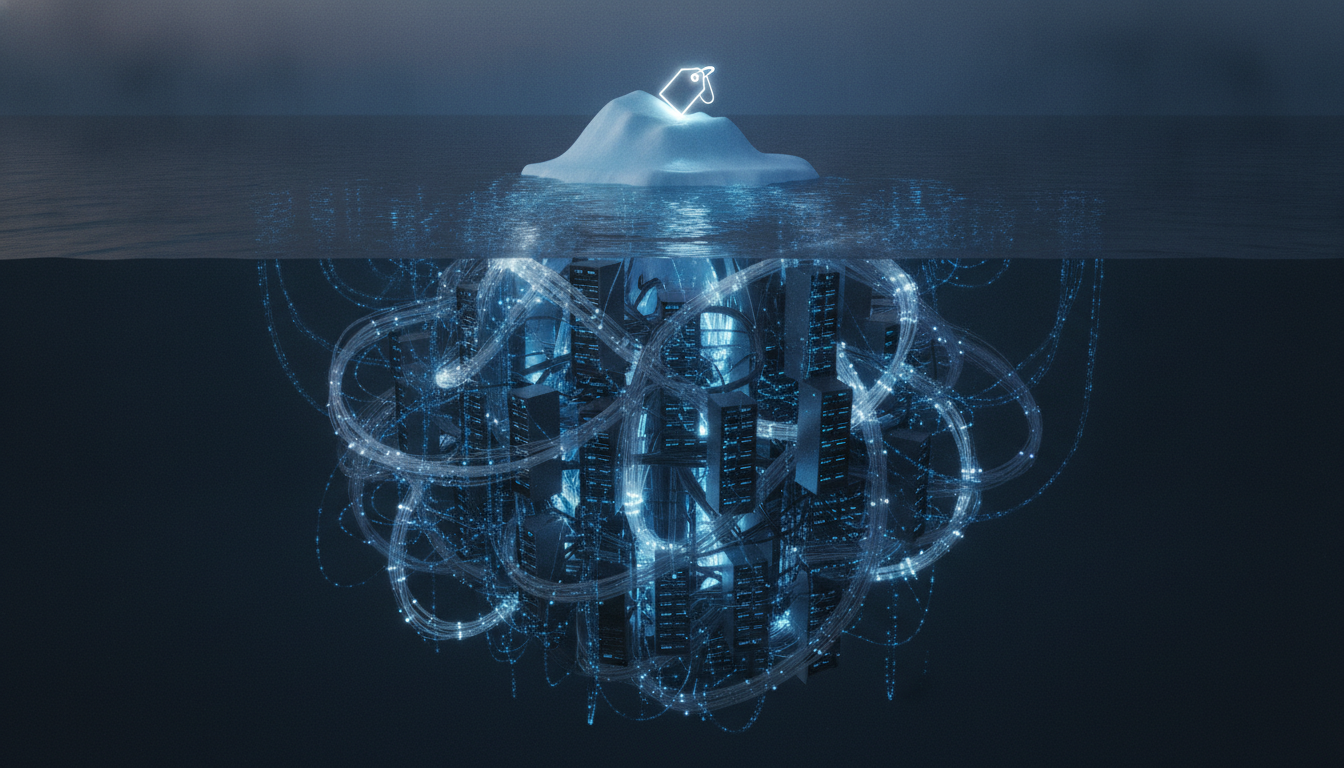 An illustration of an iceberg representing the real cost of AI implementation, with the small visible tip labeled 'Subscription Fee' and the massive submerged part showing hidden costs like data and integration.