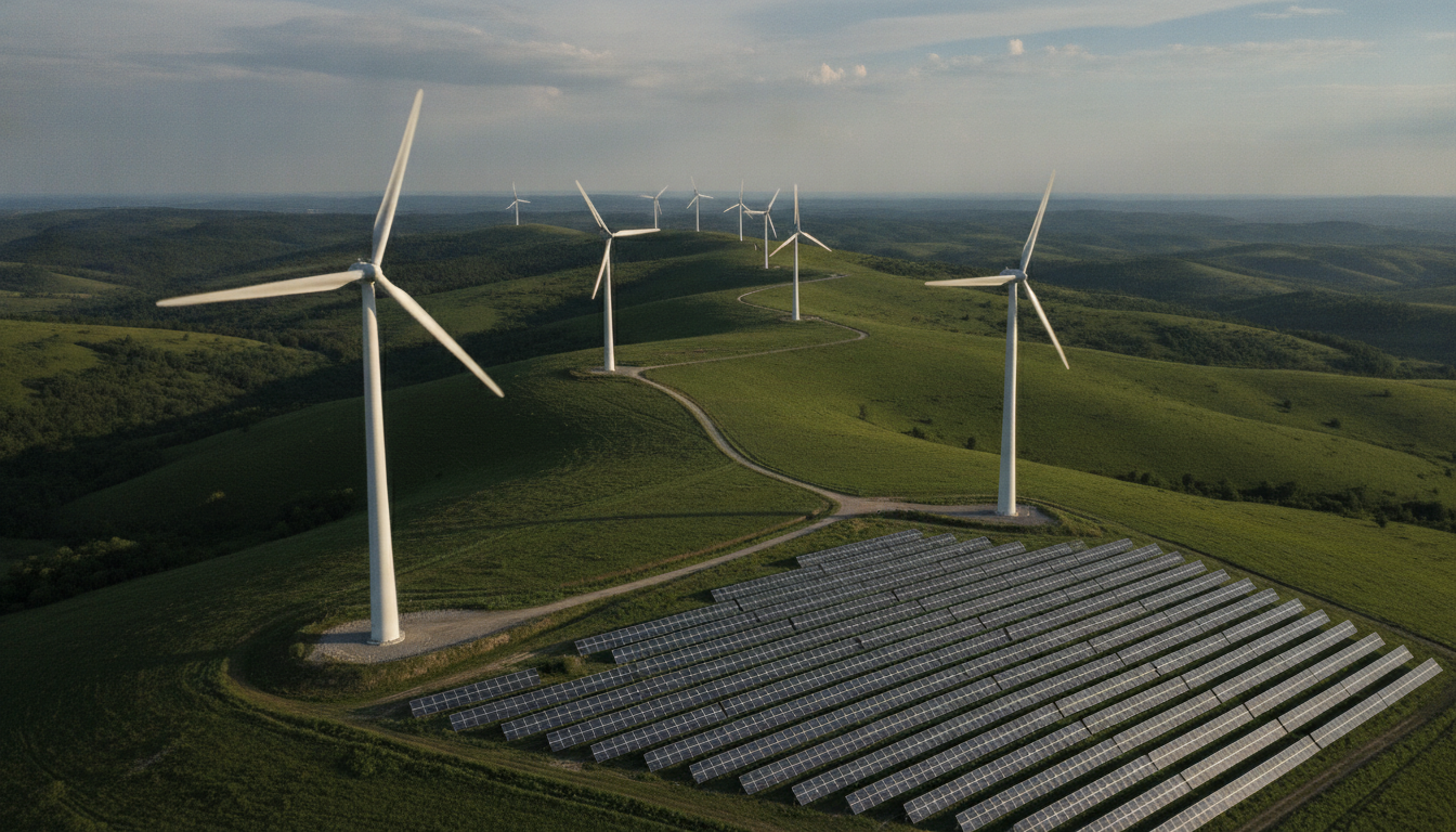 A visual representation of the future of clean energy, showing advanced solar panels, grid-scale battery storage, and an intelligent, interconnected smart grid.