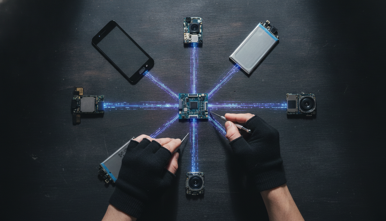 A disassembled smartphone on a workbench, with its parts laid out neatly, representing the core concept of the right to repair explained through hands-on fixing.