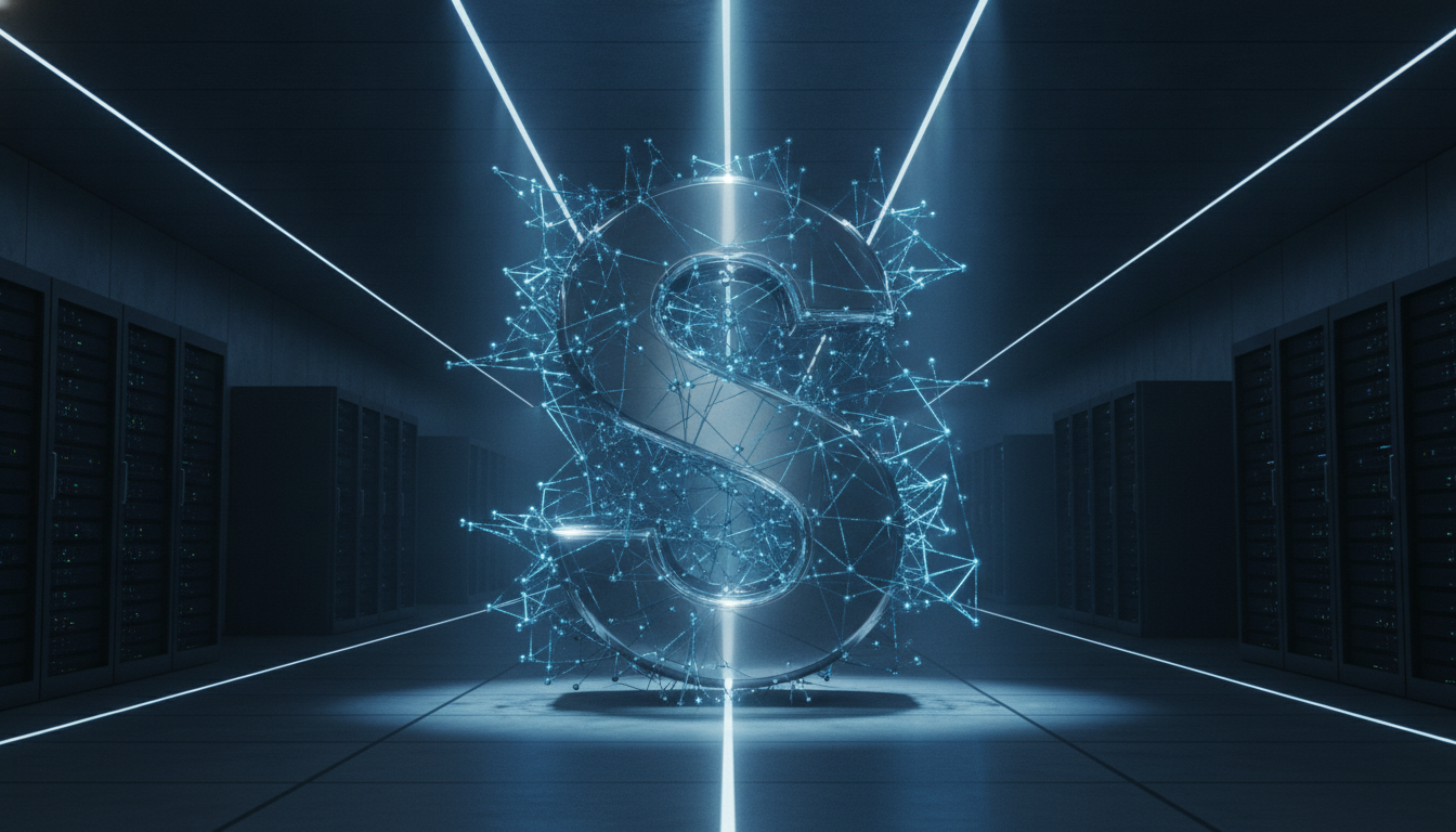 An abstract image representing the Salesforce acquires Fin deal, showing a large chrome 'S' merging with a blue AI neural network.