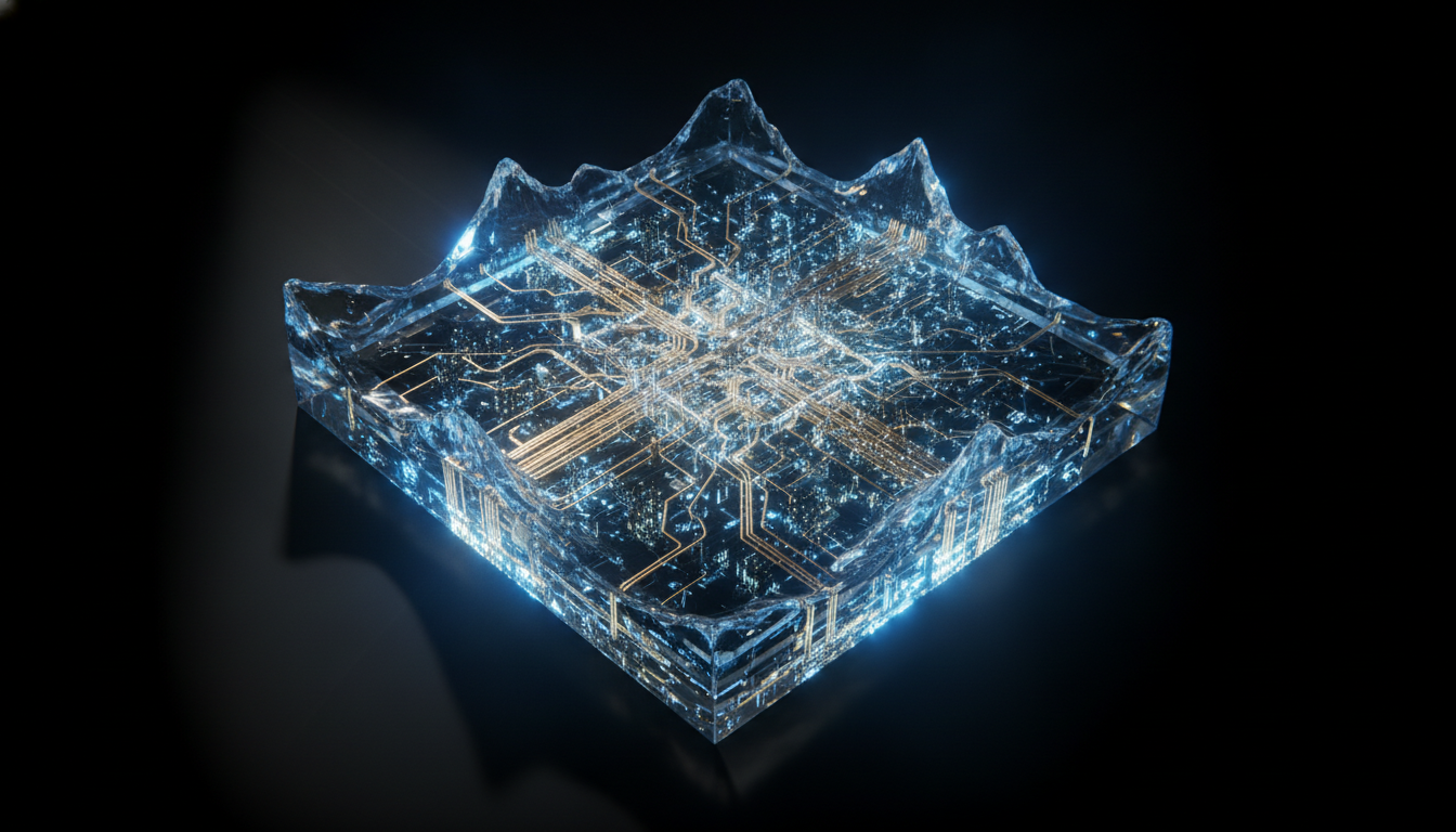 An abstract rendering of a powerful AI processor, representing the new SambaNova funding and its advanced chip technology.