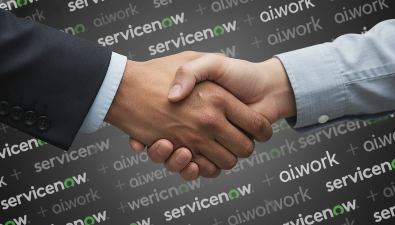 A digital brain representing ServiceNow's AI platform acquires a new node, symbolizing the acquisition of the ai.work AI agent startup.