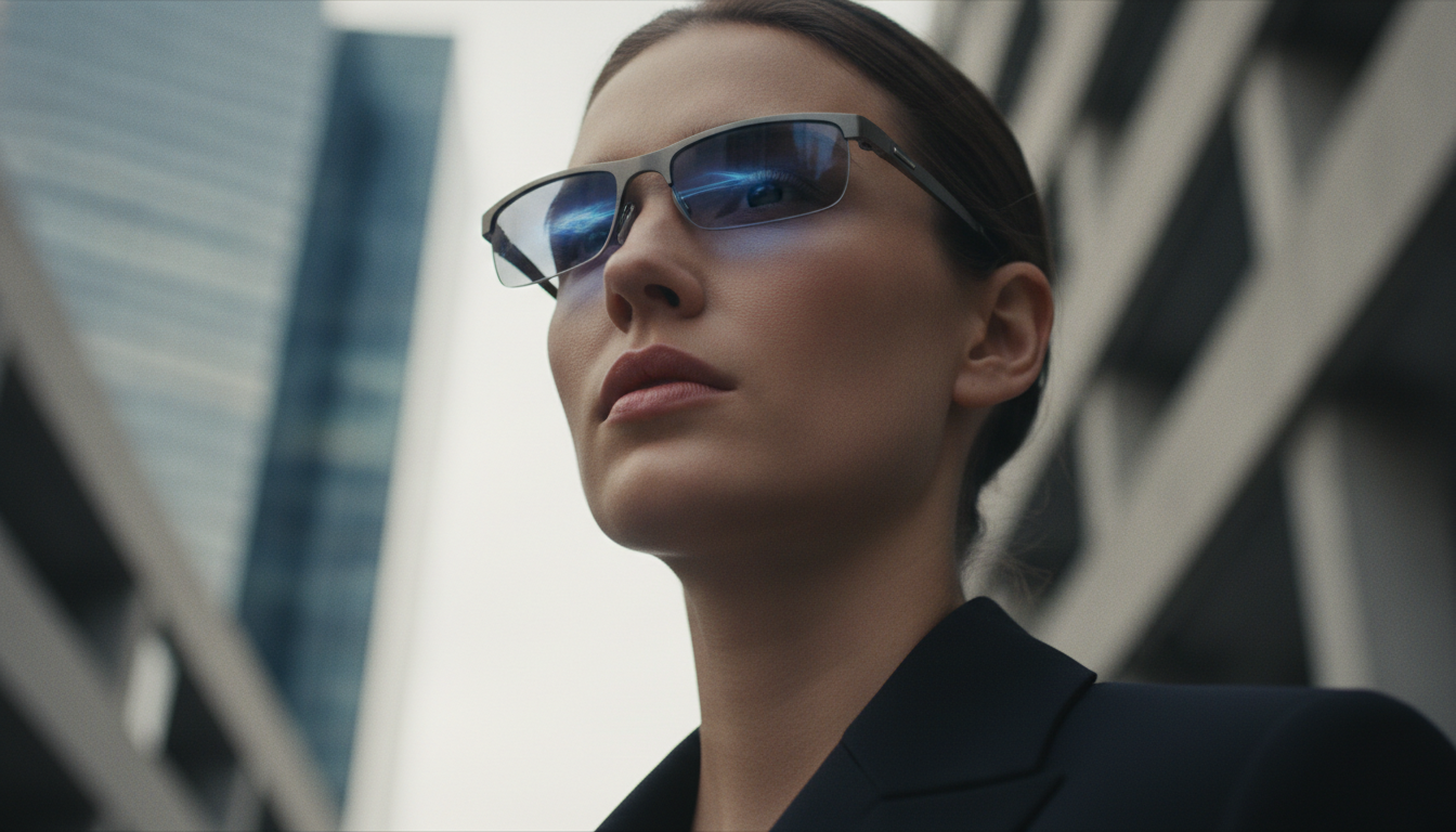 A person wearing a pair of modern black smart glasses, featured in this smart glasses buying guide, against a blurred city background.