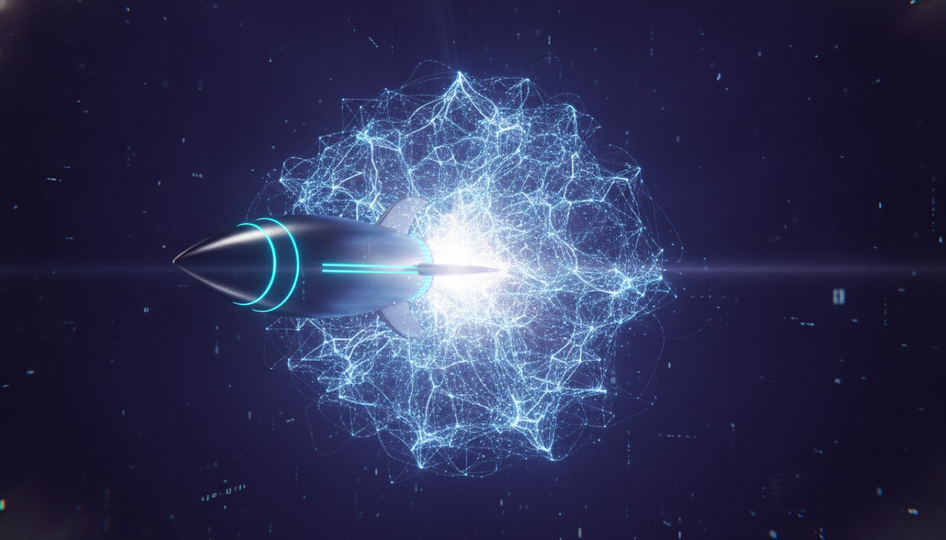 A rocket representing SpaceX merges with a digital neural network, symbolizing the SpaceX Anysphere acquisition and its move into AI.