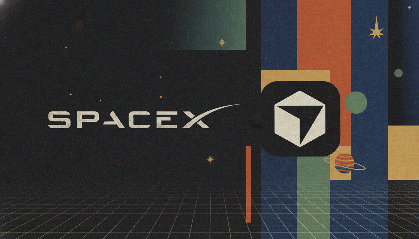 A SpaceX rocket fuselage with glowing lines of computer code integrated into its hull, symbolizing the acquisition of an AI coding company.