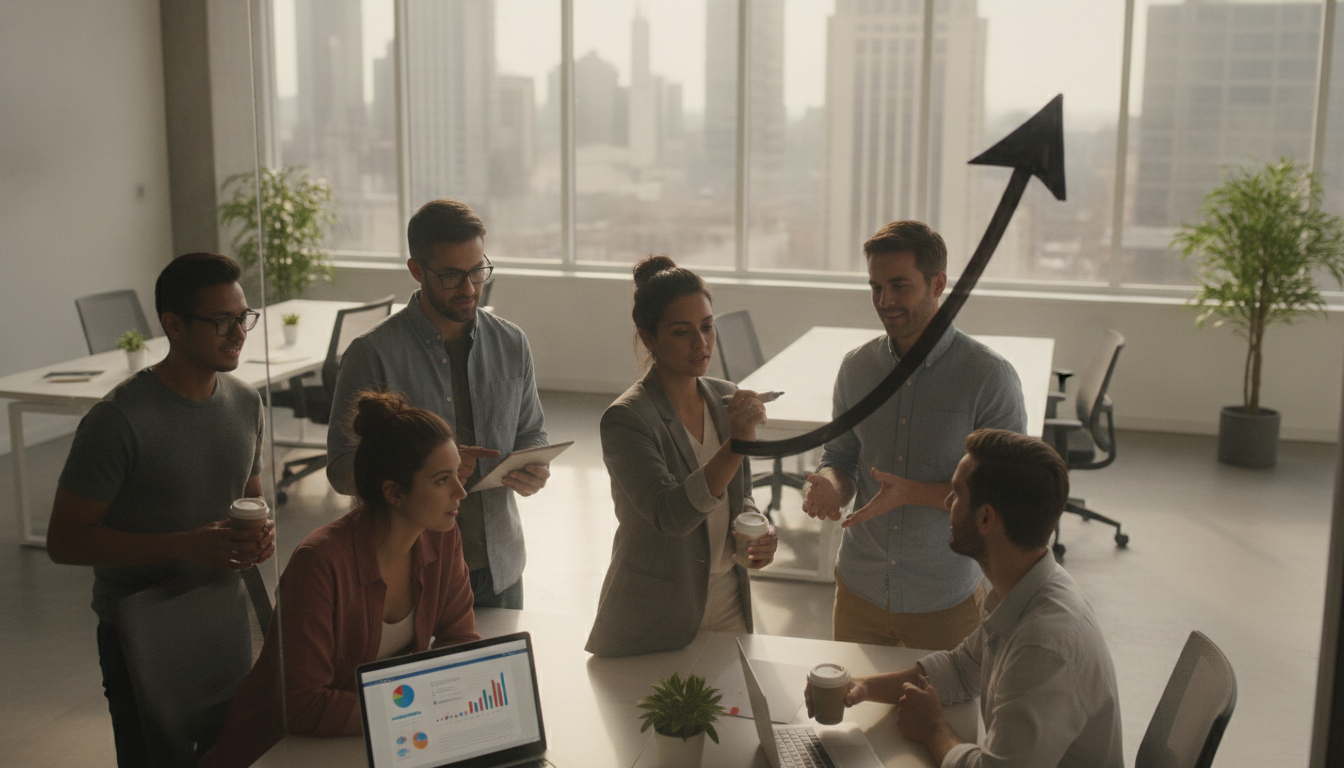 A startup team strategically planning a pivot, with one person drawing a directional arrow on a whiteboard, symbolizing a calculated change in business strategy.