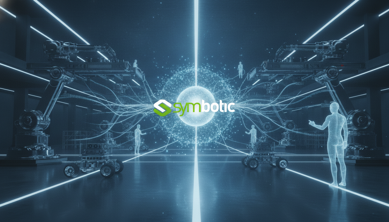 An AI-powered warehouse showing data streams connecting robots and human workflows, representing the Symbotic acquires ARMS Innovations deal.
