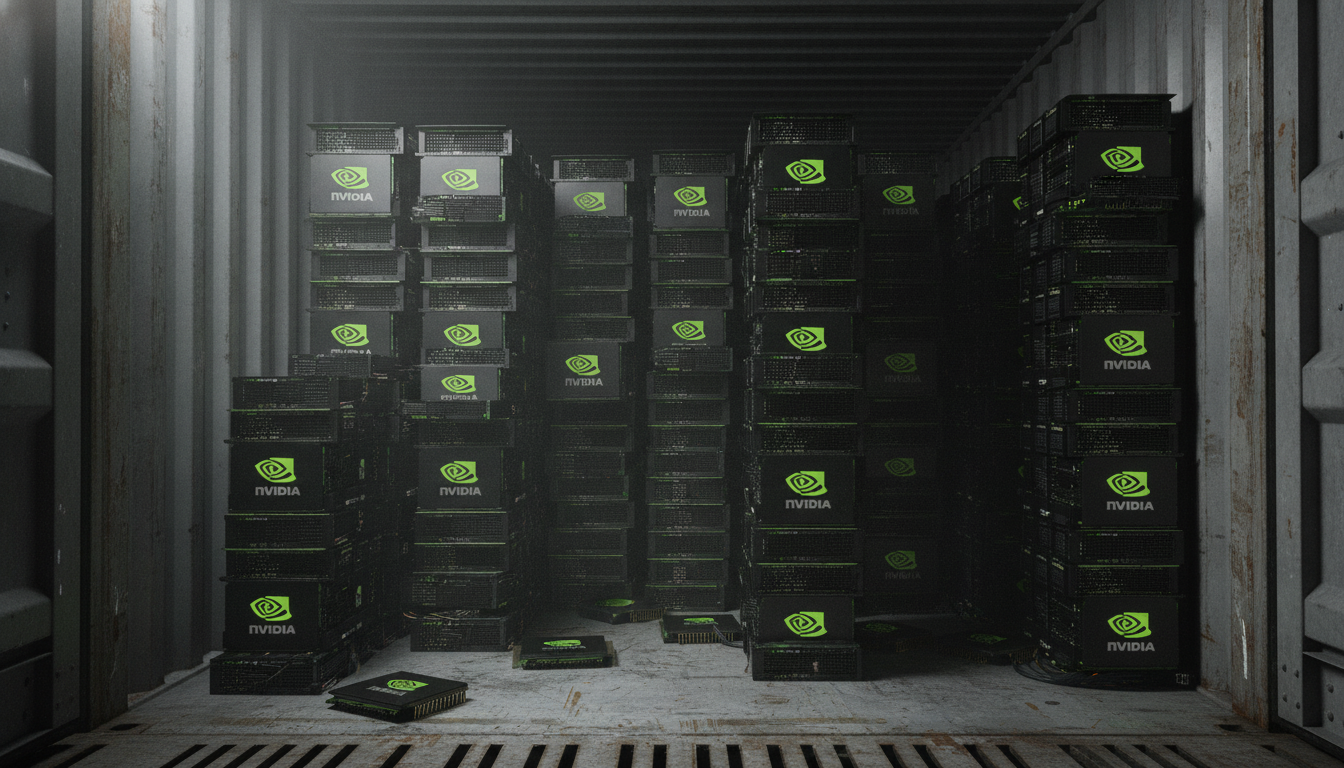 An illustration of glowing AI chips being smuggled between shipping containers at a port, representing the Nvidia AI chip smuggling investigation.