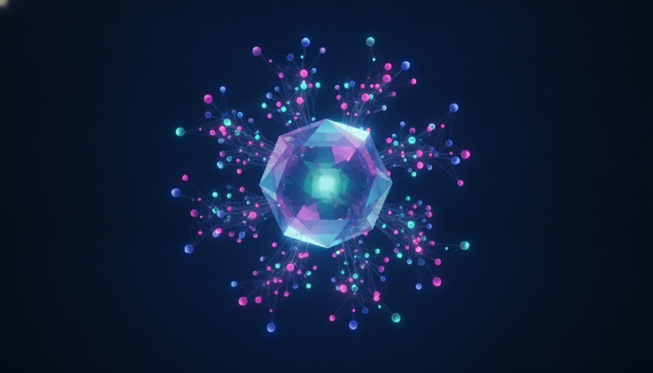 An abstract visualization of a tech terms glossary, showing a central hub of knowledge with many interconnected definitions branching off.