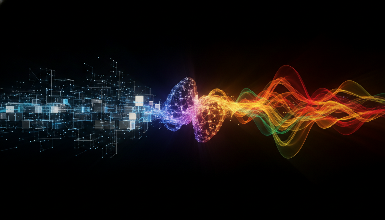 An abstract image representing the Tencent Music acquisition of Believe, with a technological network merging with colorful artistic soundwaves.