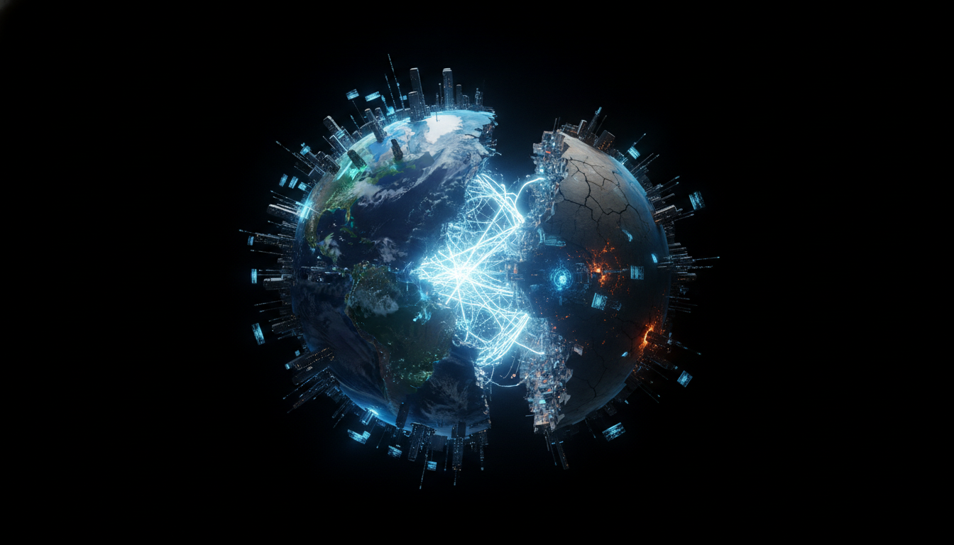 A glowing digital brain splitting the earth in two, symbolizing the UN AI report's warning about technology deepening global inequality.