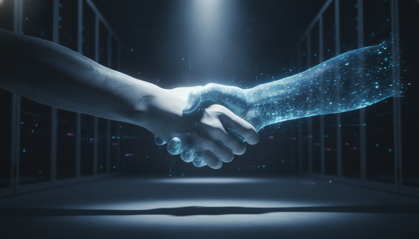 A digital hand and a marble hand shaking, representing the new voluntary AI safety standards agreed upon by tech labs and the US government.